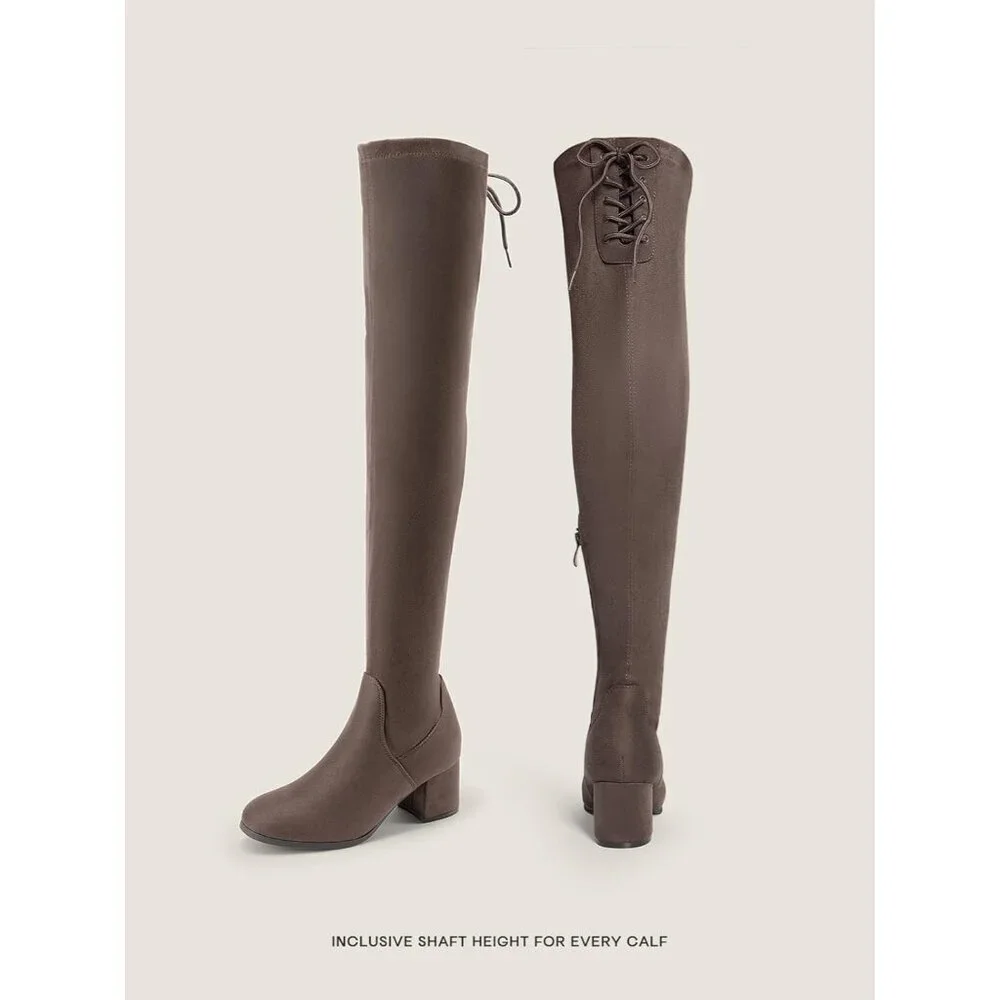 Women's Khaki Suede Over The Knee Thigh High Chunky Heel Long Stretch Boots
